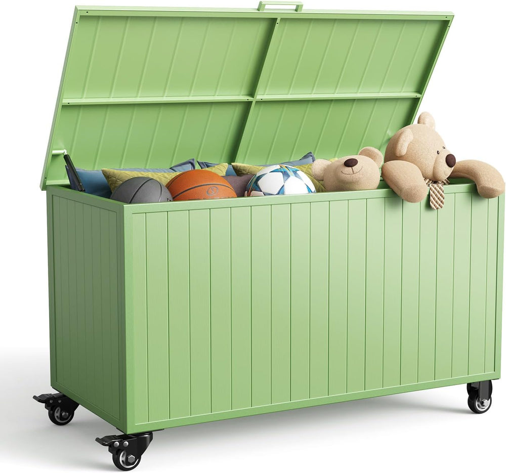 150 Gallon Outdoor Storage Box with Wheels, Metal Deck Boxes,Green