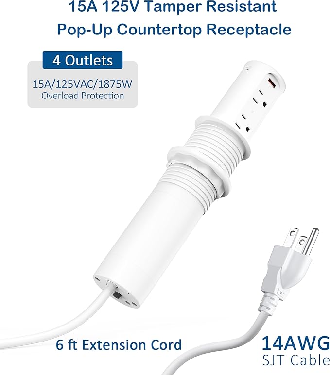 2.5 inch Hole Pop up Outlet for Countertop, 20W USB C, 4 USB Ports, 4 Outlets