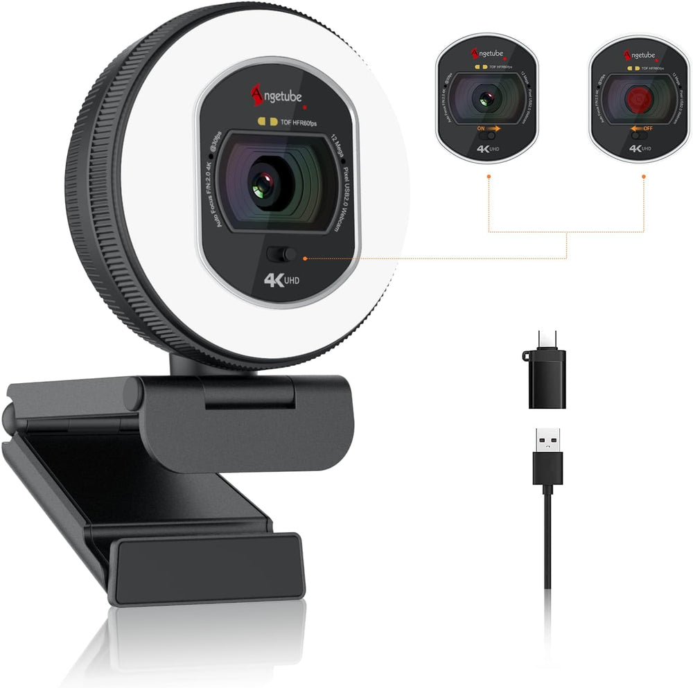 Angetube 4K Webcam with Light for PC: UHD 4K, TOF Auto Focus, Dual AI