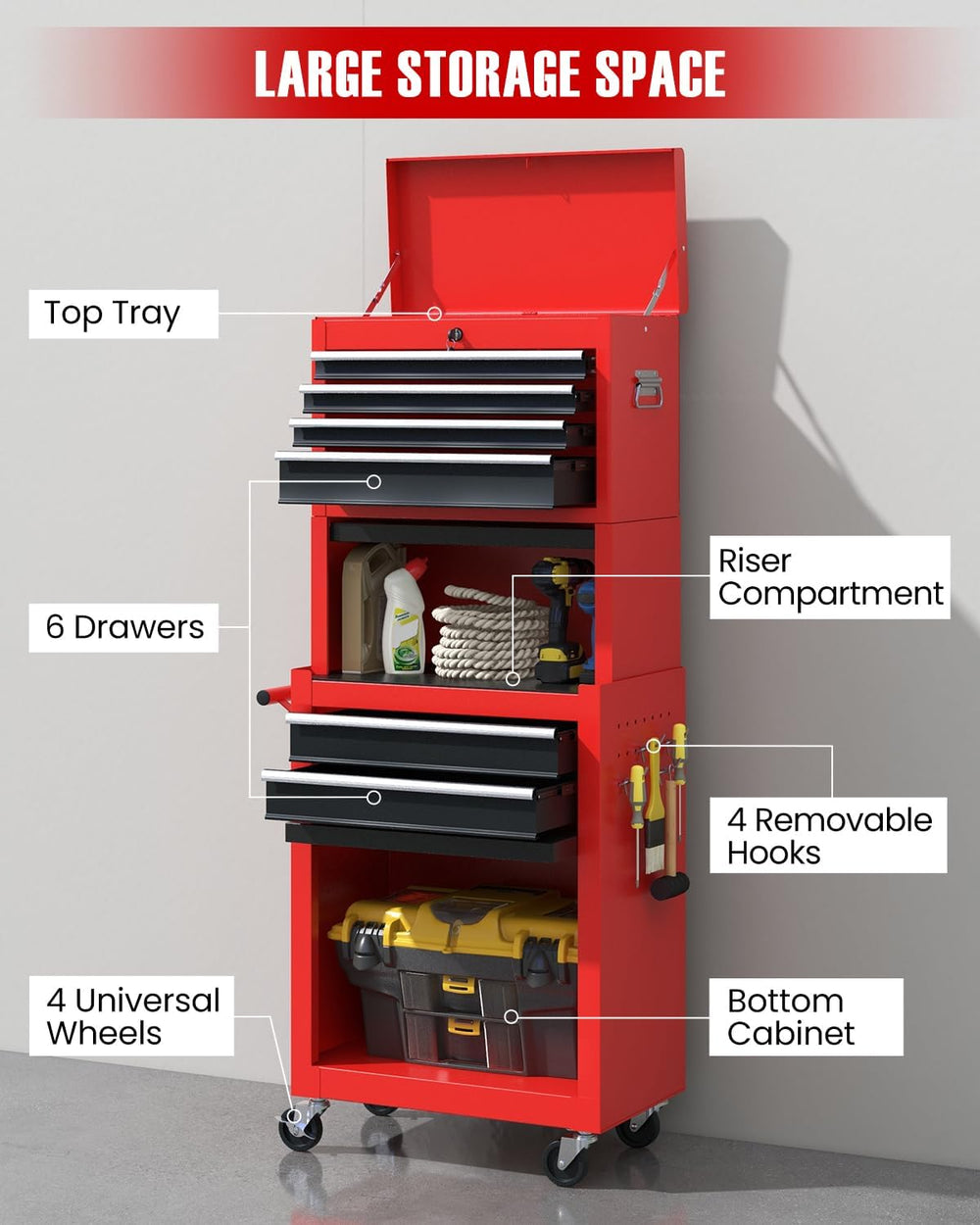 ARNOT 2-in-1 Rolling Tool Chest with 5 Drawers, Heavy-Duty Metal Tool Box wit...