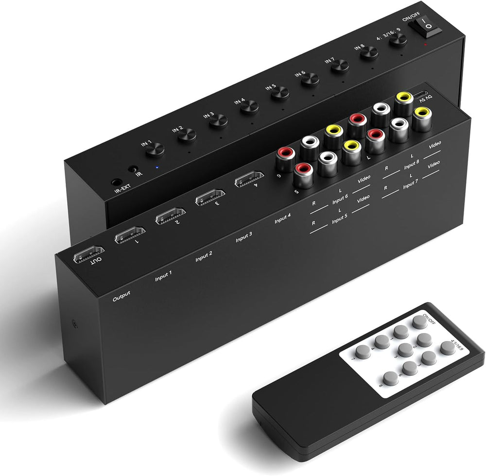 8 in to 1 Out RCA/HDMI Switcher,4 Way HDMI 2.0 + 4 RCA to HDMI