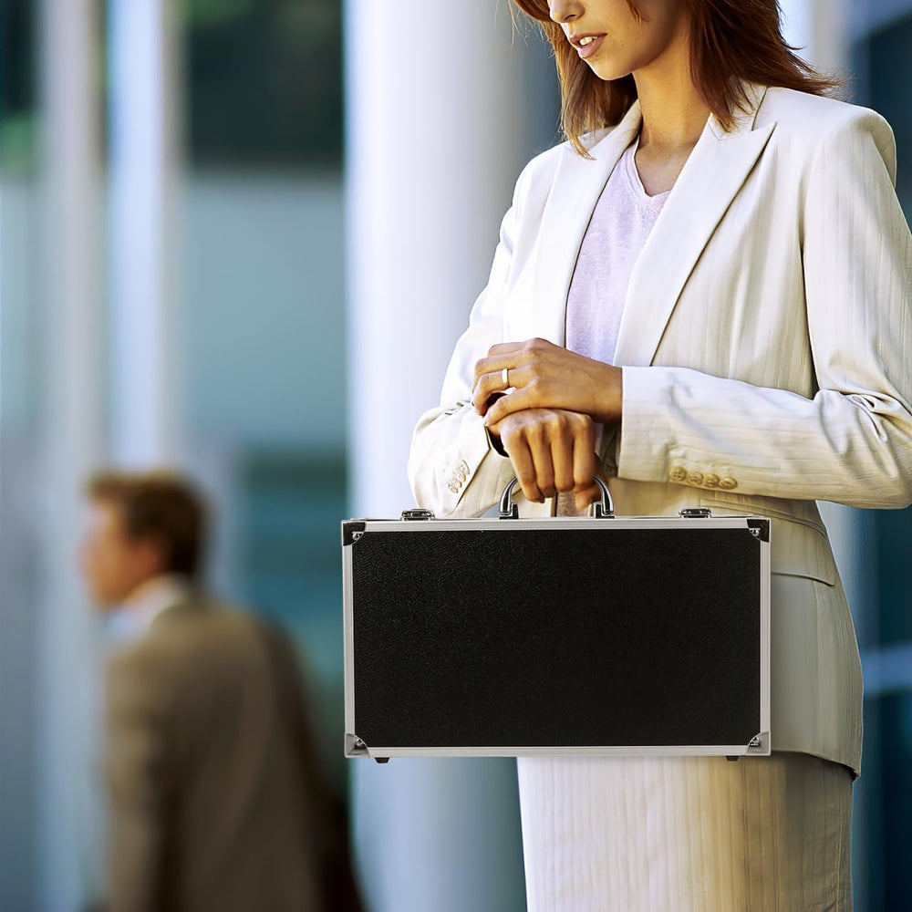 Black Aluminum Briefcase with Latch, Metal Hard Case with Foam Insert, Portab...