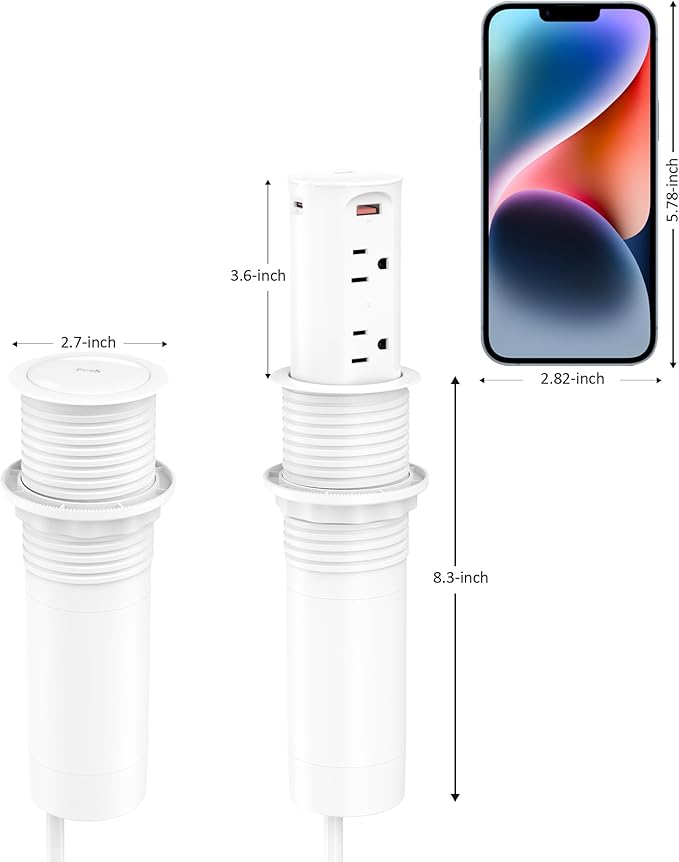2.5 inch Hole Pop up Outlet for Countertop, 20W USB C, 4 USB Ports, 4 Outlets
