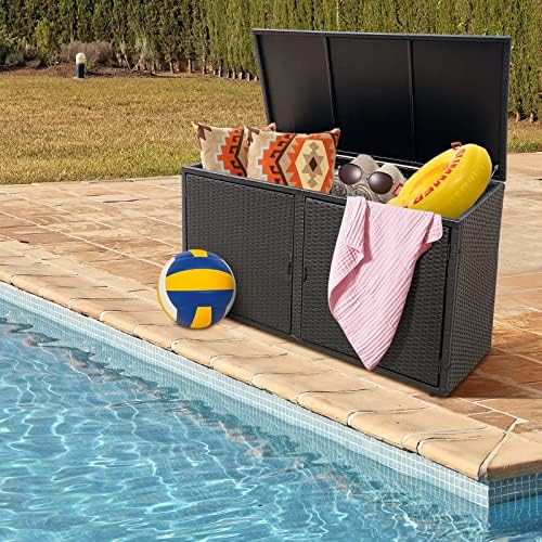 HAPPYGRILL Deck Box Outdoor Wicker Storage Box Cabinet, 88 Gallon Patio Ratta...