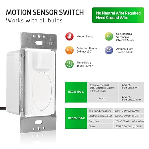 RAYZEEK Motion Sensor Light Switch, Need Ground Wire, Occupancy Sensor Switch