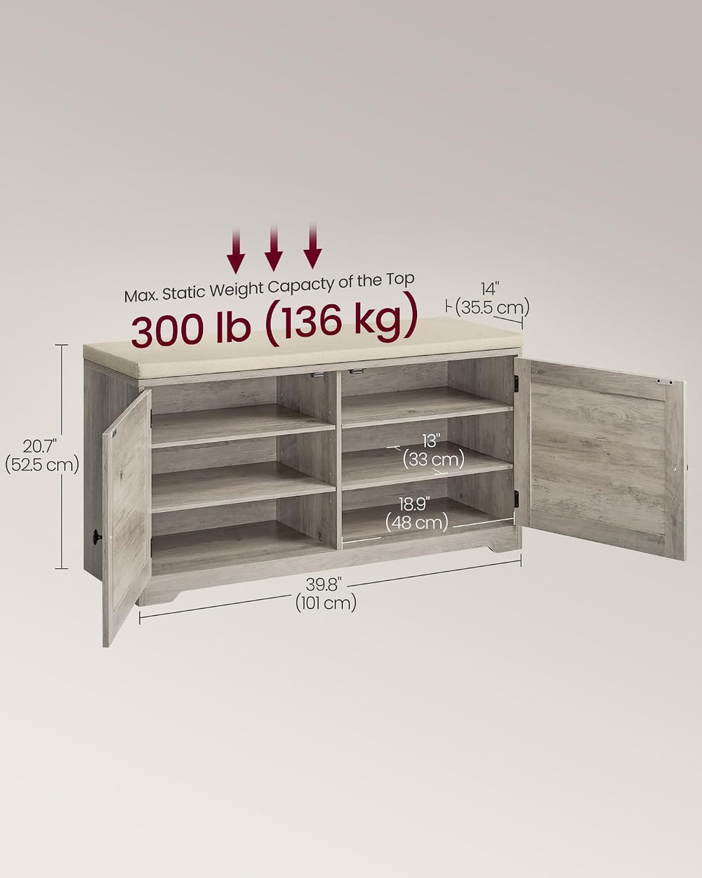 VASAGLE 3-Tier Shoe Storage Bench with Cushion, 14 x 39.8 x 20.7 Inches