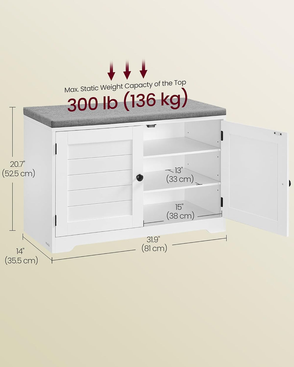 VASAGLE 3-Tier Shoe Storage Bench with Cushion, 14 x 31.9 x 20.7 Inches
