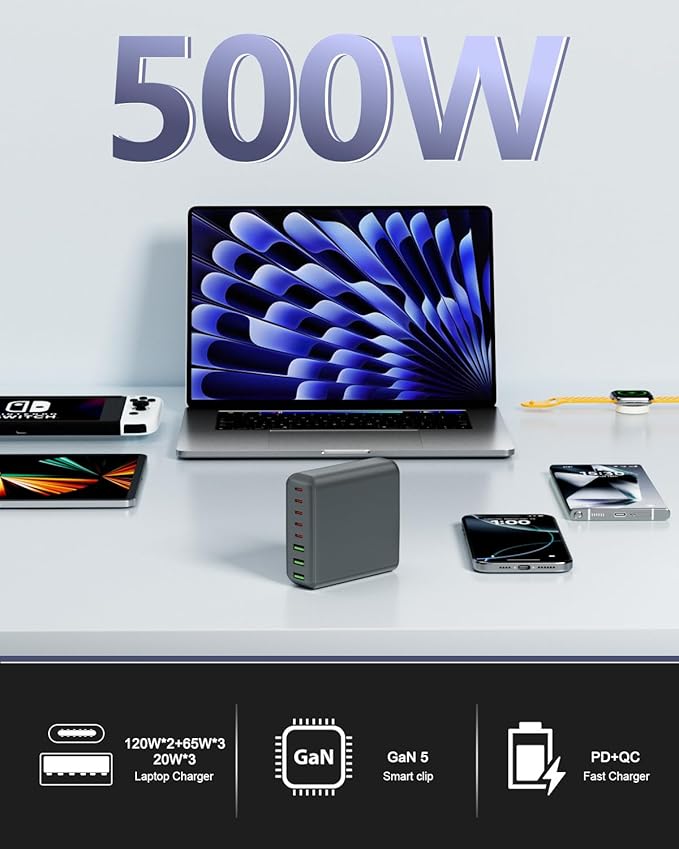 500W USB C Charger Block, 8-Port USB C Charging Station Fast Charging PD 120W