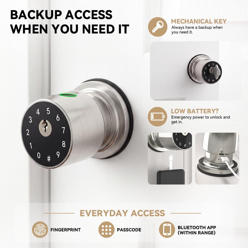 4-in-1 Smart Fingerprint Door Knob with App and Keypad,Satin Nickel