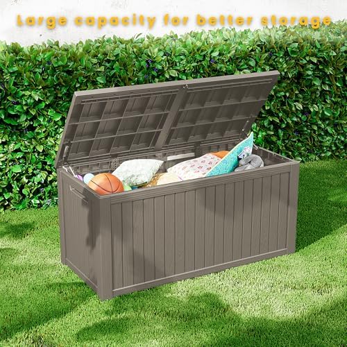 Outdoor Storage Box Waterproof, 150 Gallon Lockable Resin Deck Box Large, Pat...