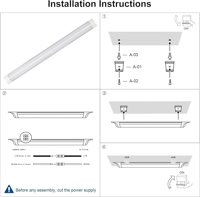 colmeguna 4 Packs 4FT LED Batten Light, Ultra-Thin Ceiling Surface Mounted Light