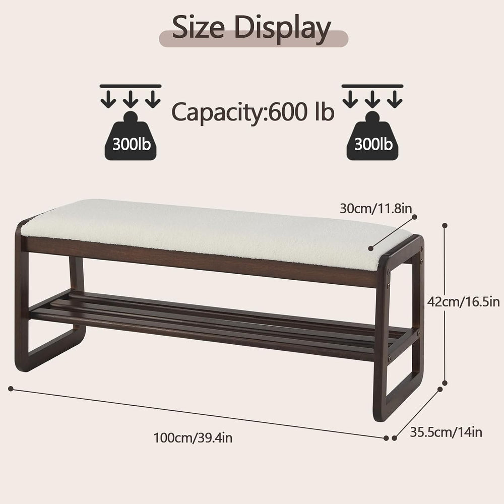 Shoe Rack Bench, 2 Tier Solid Wooden Entryway Bench(Cream White, 39.4")