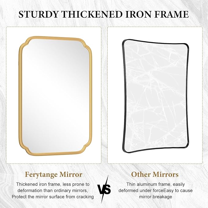 Gold Bathroom Mirror for Wall 20" x 30" Modern Rounded Corner Recta...