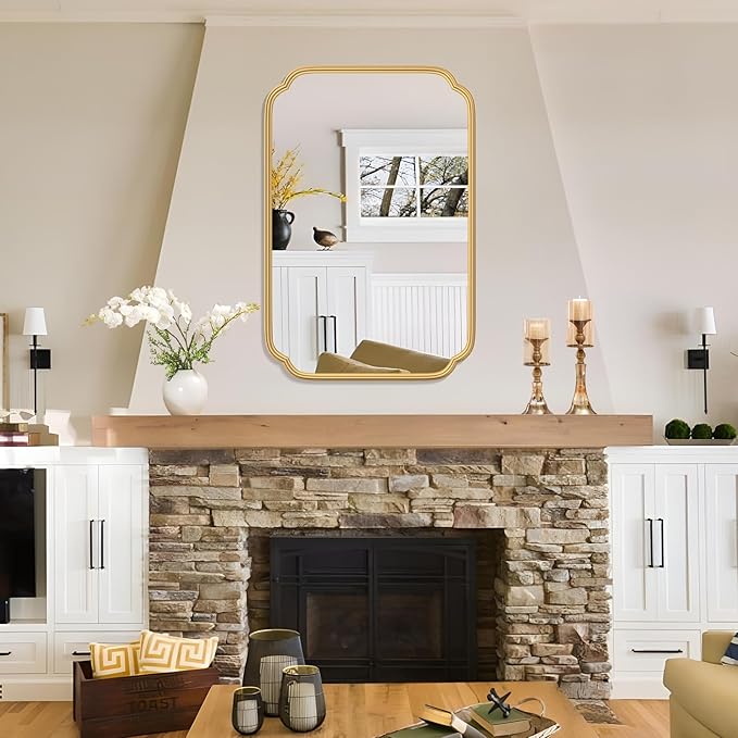 Gold Bathroom Mirror for Wall 20" x 30" Modern Rounded Corner Recta...