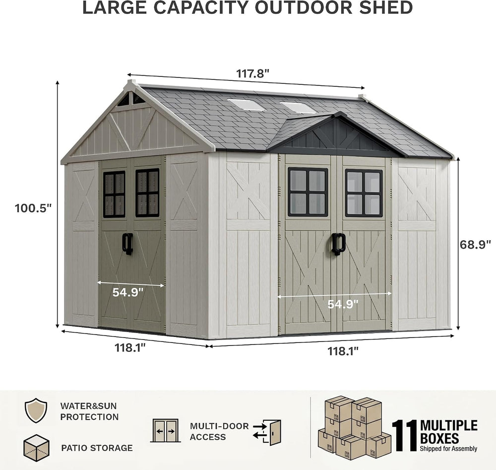 Devoko 10x10 FT Resin Storage Shed with Floor, Sheds with 3 Lockable Doors