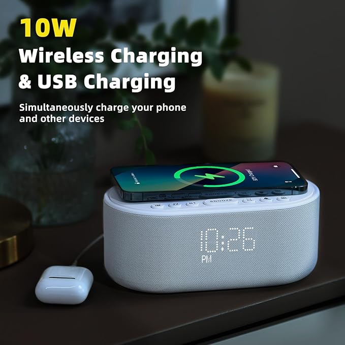 Sound Machine Alarm Clock Wireless Charger: Bluetooth 10W Stereo Sound Speaker
