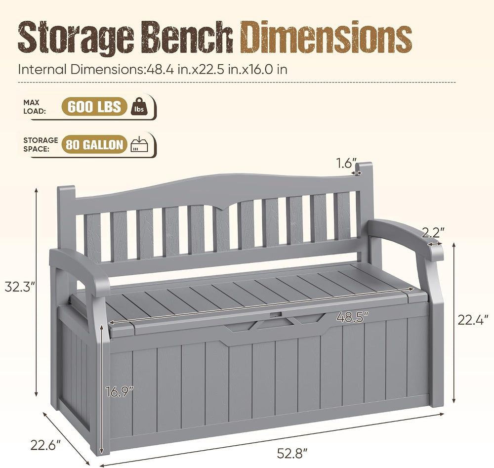 80-Gallon Outdoor Storage Bench, Waterproof Deck Box with Lockable Lid & ...
