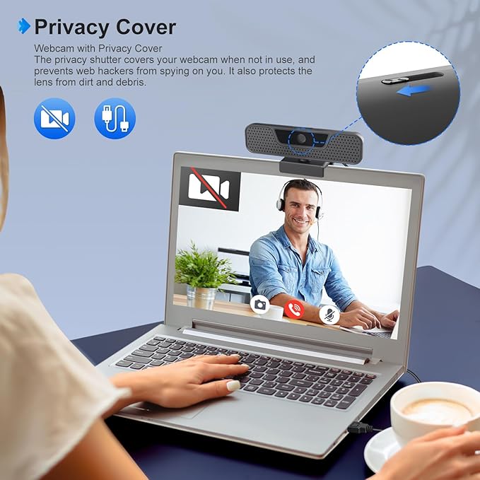 4K Auto Focus Webcam for PC, 4 AI Noise-Canceling Mics UHD Web cam, Auto Light