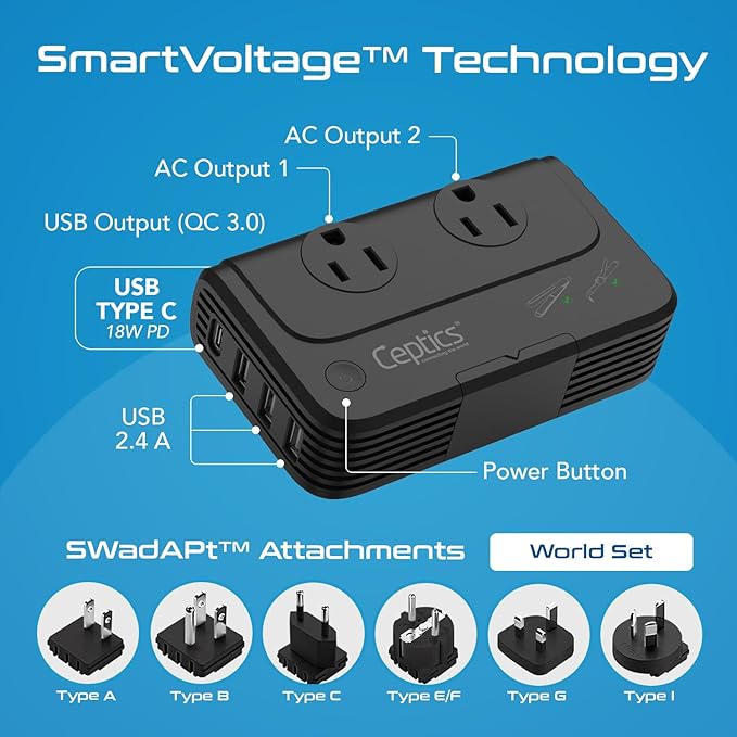 Ceptics - 6 in 1 Travel Adapter and Voltage Converter, 220V to 110V Converter
