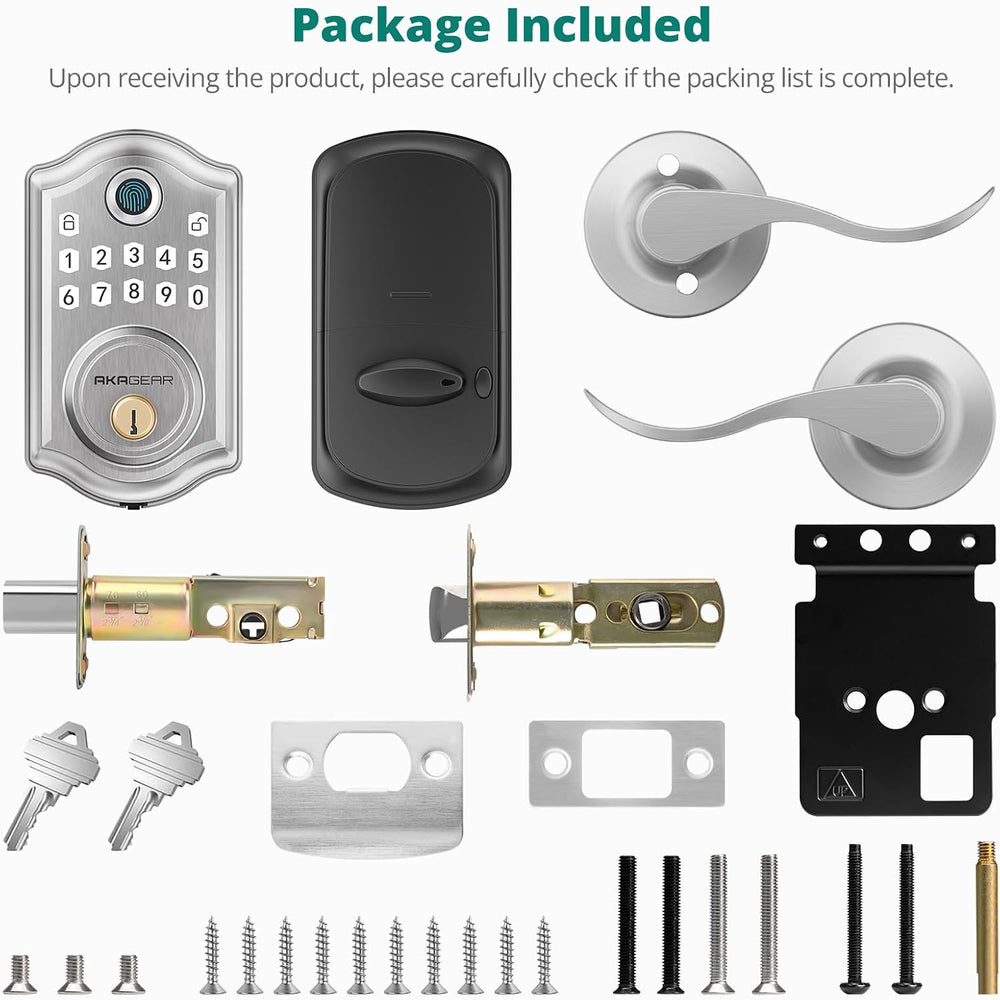 AkaGear Fingerprint Keyless Entry Door Lock with Lever Handle Set, Nickel