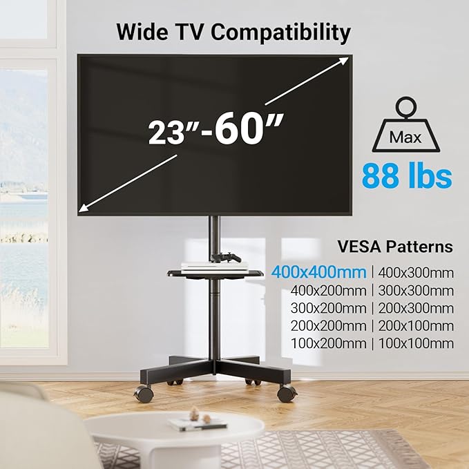 PERLESMITH Mobile TV Stand for 23-60 Inch LCD LED Flat/Curved Screen TVs