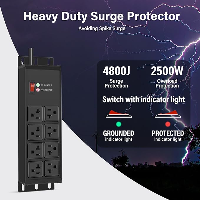 CCCEI Magnetic Heavy Duty Power Strip Surge Protector 20Amp, 12 Gauge High Amp