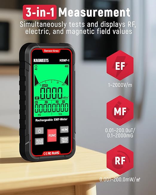 KAIWEETS EMF Detector, 3-in-1 Handheld EMF Meter Detects EF, WiFi Signal