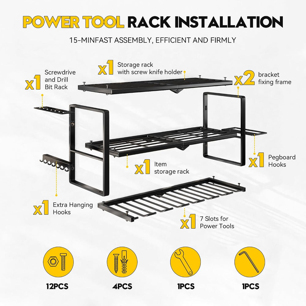 fanatato Power Tool Organizer Wall Mount Storage Rack with 7 Drill Holder