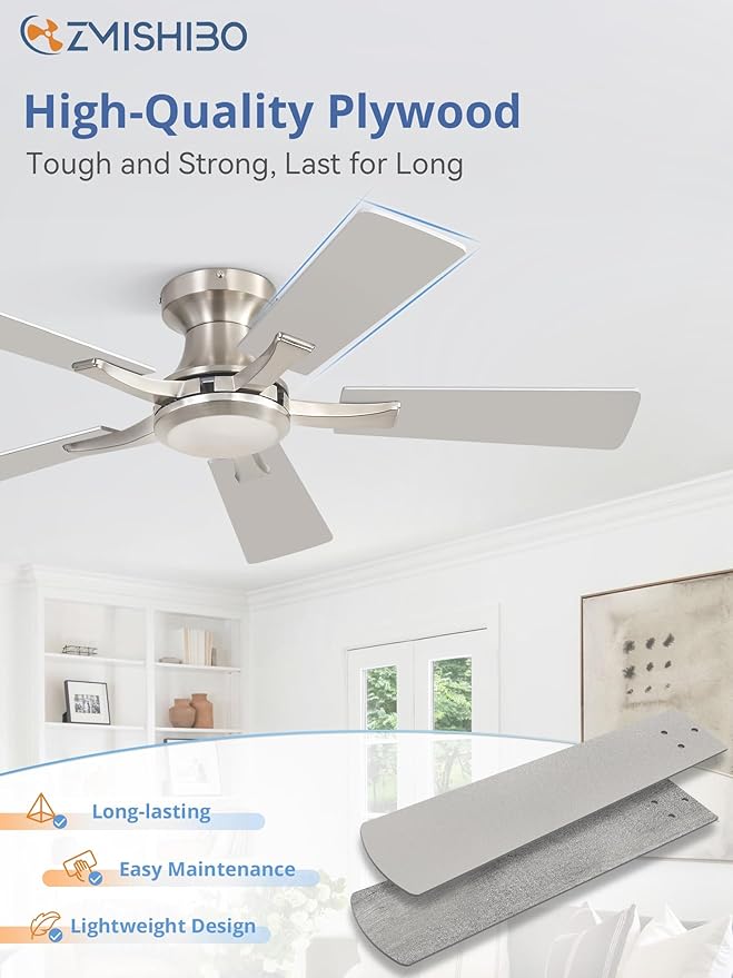 ZMISHIBO 42 Inch Ceiling Fan No Light, Flush Mount Low Profile, Modern Nickel