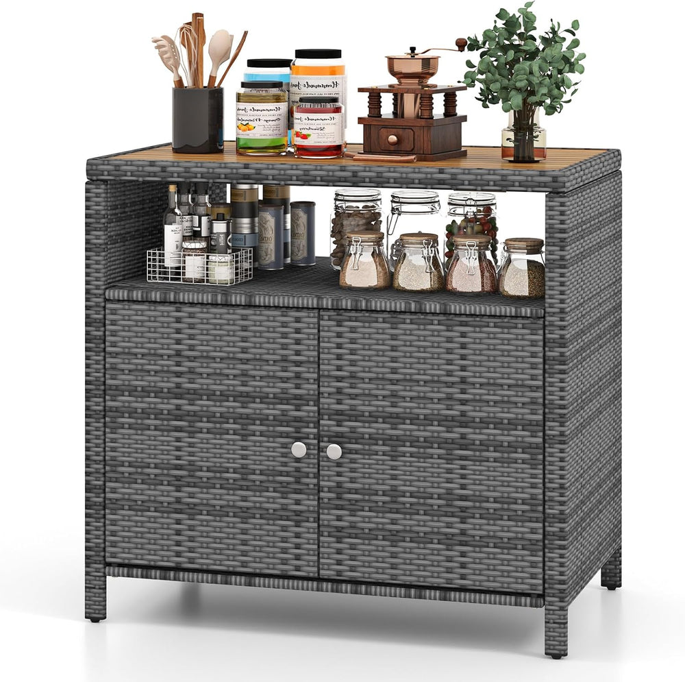 Rattan Storage Cabinet, Outdoor & Indoor Sideboards with Acacia Wood Coun...
