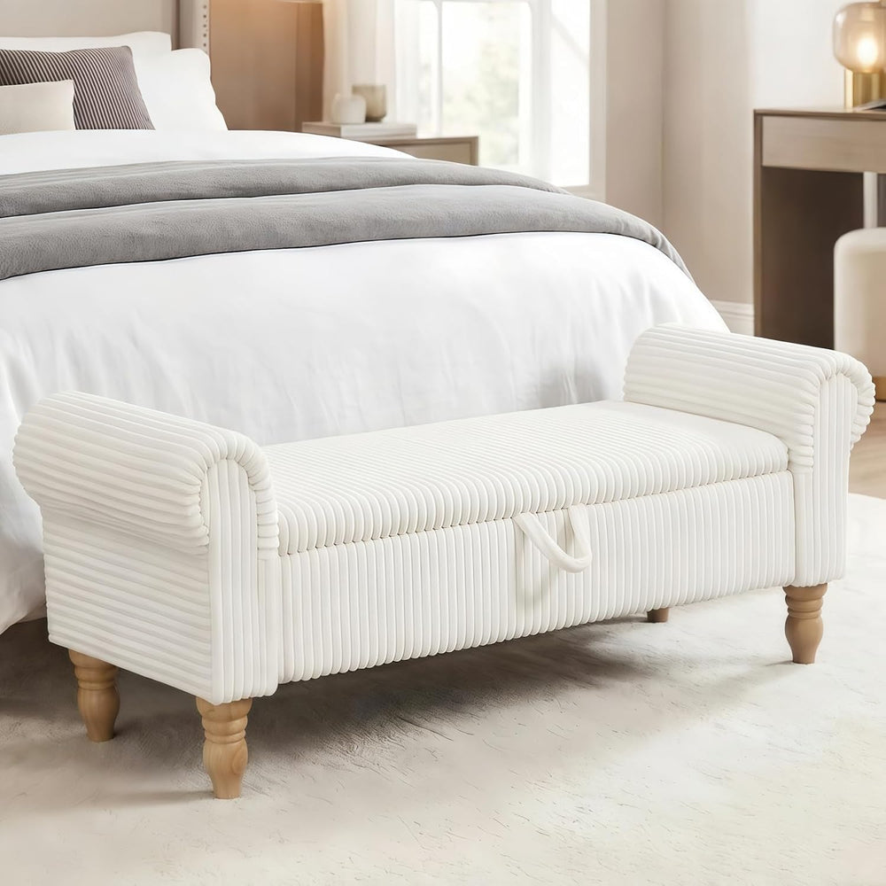 55" Entryway Bench with Storage for Queen Bed, White corduroy Ottoman