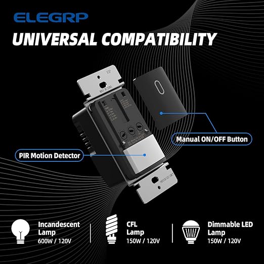 ELEGRP Occupancy Motion Sensor Light Switch, PIR Infrared Motion Activated Wa...