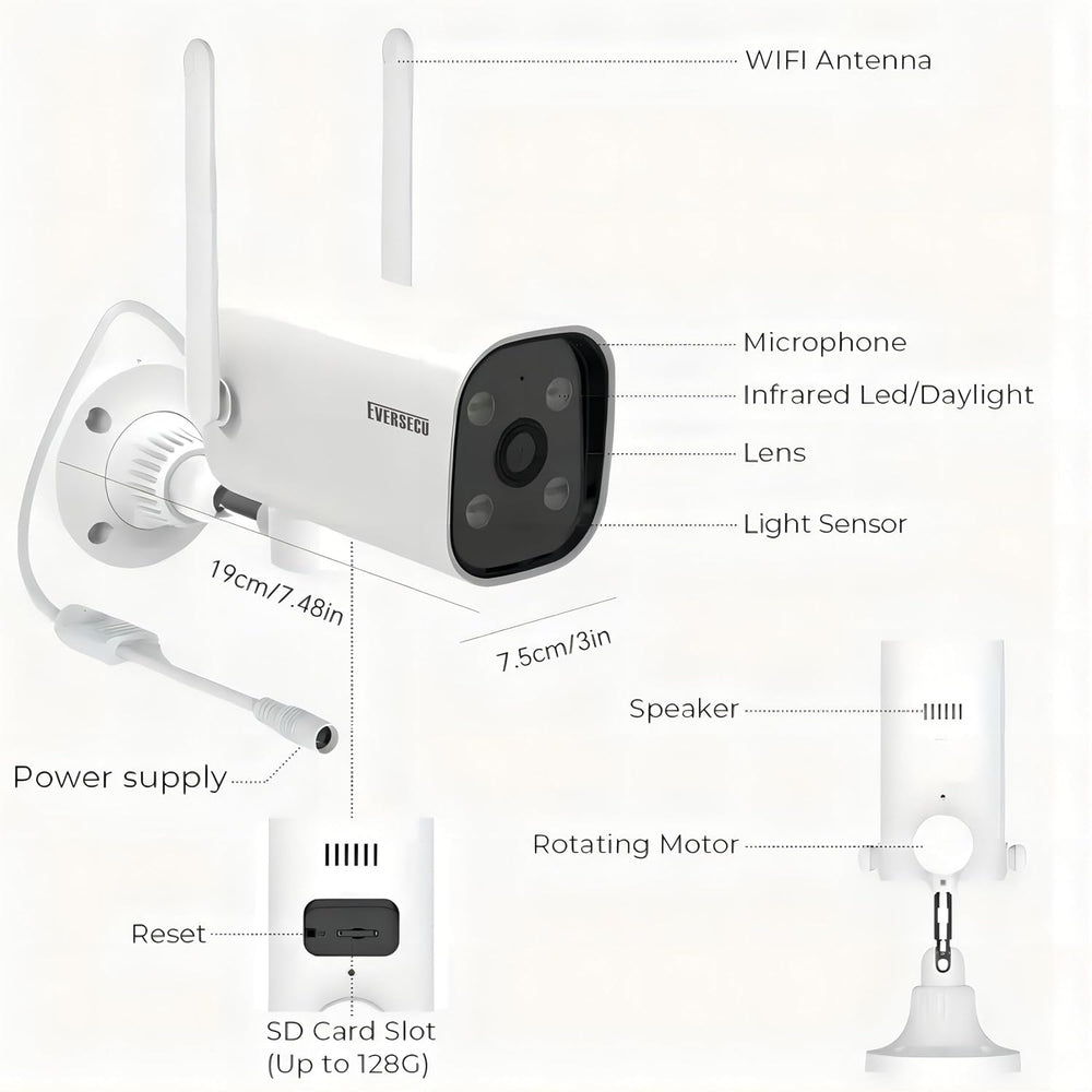 EVERSECU 2K WiFi PTZ Bullet Camera, Outdoor/Indoor, Pan/tilt, 2-Way Audio, Ni...