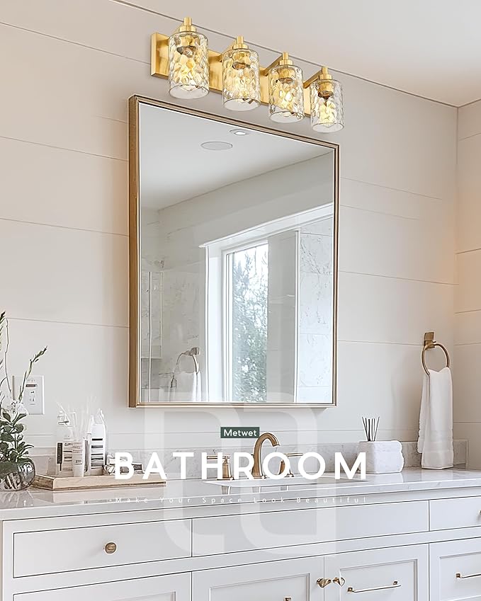 METWET 4-Light Bathroom Light Fixtures, 24.5 Inch Brushed Gold Vanity Lights