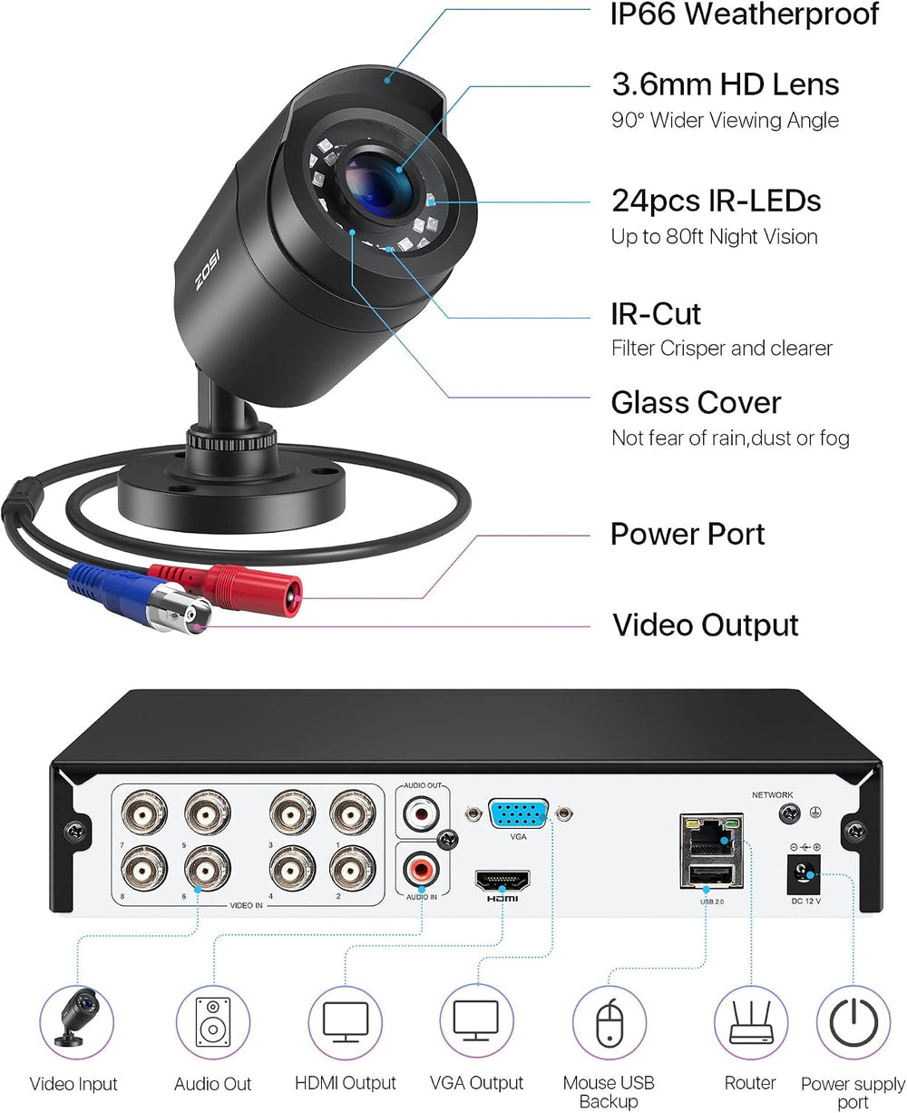 ZOSI 3K Lite Wired CCTV Camera System, 2 X 2MP Bullet Cameras, NO HDD