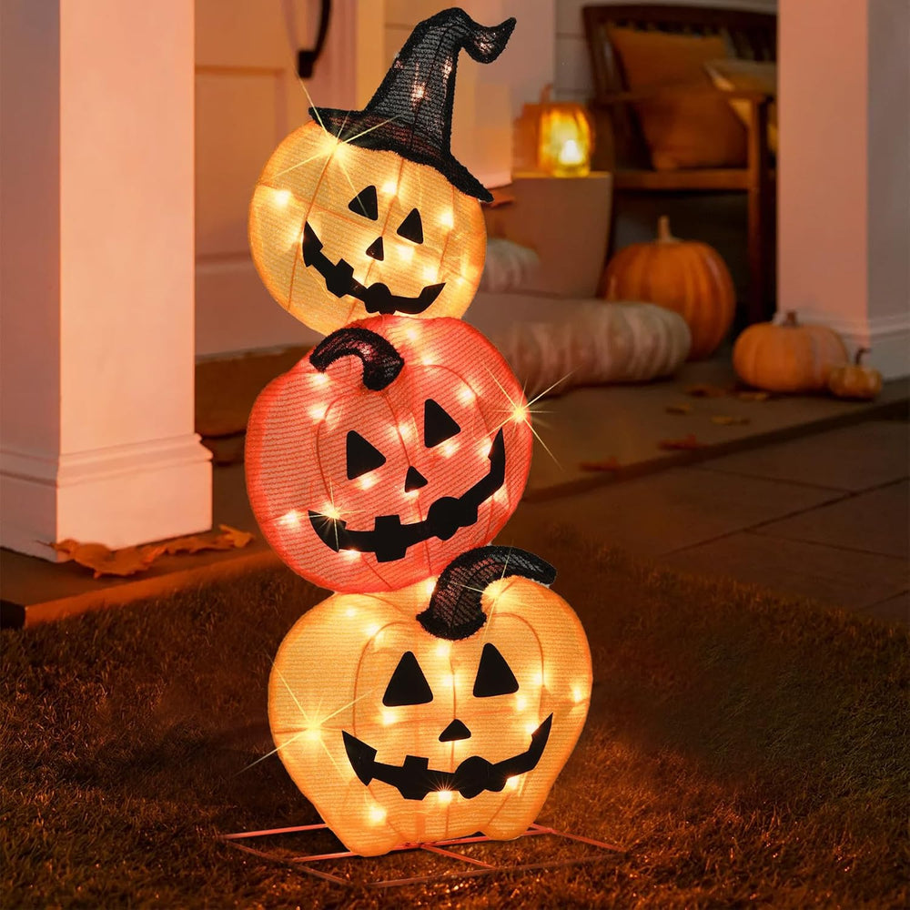 Halloween Lighted 3 Stacked Pumpkins, 39’’ H Pre-Lit Lighted Pumpkins with 50...