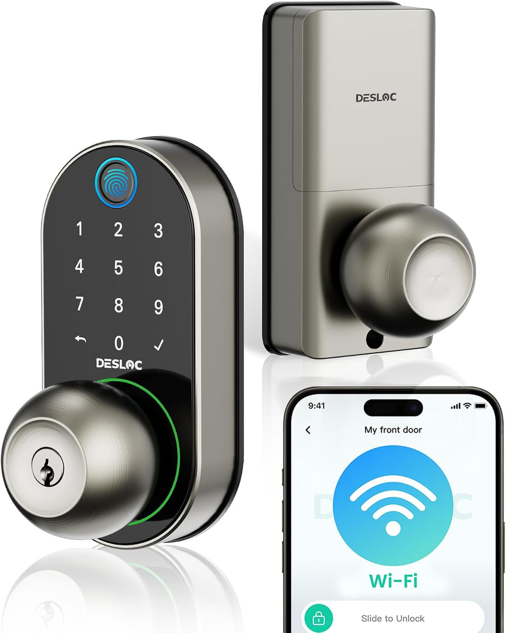 DESLOC D212 Fingerprint Door Knob Lock, Built in WiFi, 8-Month Battery