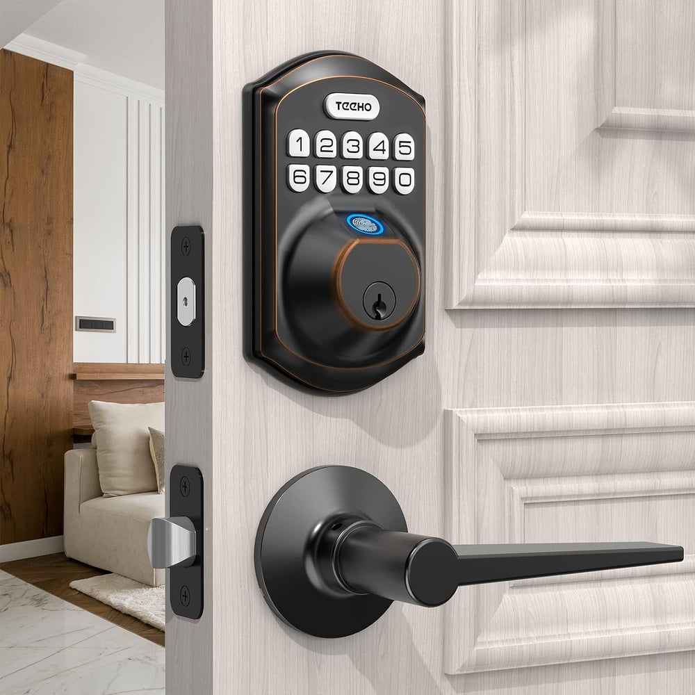 TEEHO TE002L Fingerprint Door Lock with 2 Lever Handles, Keyless Entry Deadbo...