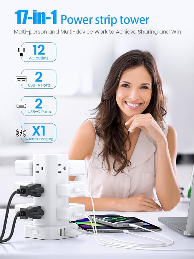 Tower Power Strip with 15W Wireless Charger, 6FT Flat Plug Extension Cord with