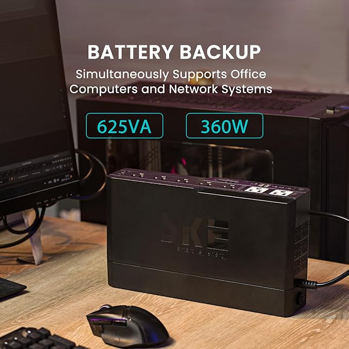 SKE Compact Size 625VA/360W UPS Battery Backup & Surge Protector