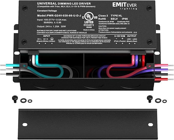 EMITEVER Dimmable Led Driver, 2 Packs 30W AC 110V-277V to DC 24V Transformer