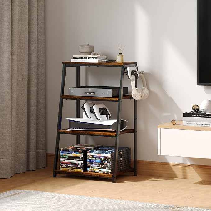 4-Tier AV Media Stand with 2 Hooks, Heavy Duty Stereo Cabinet Furniture-Large