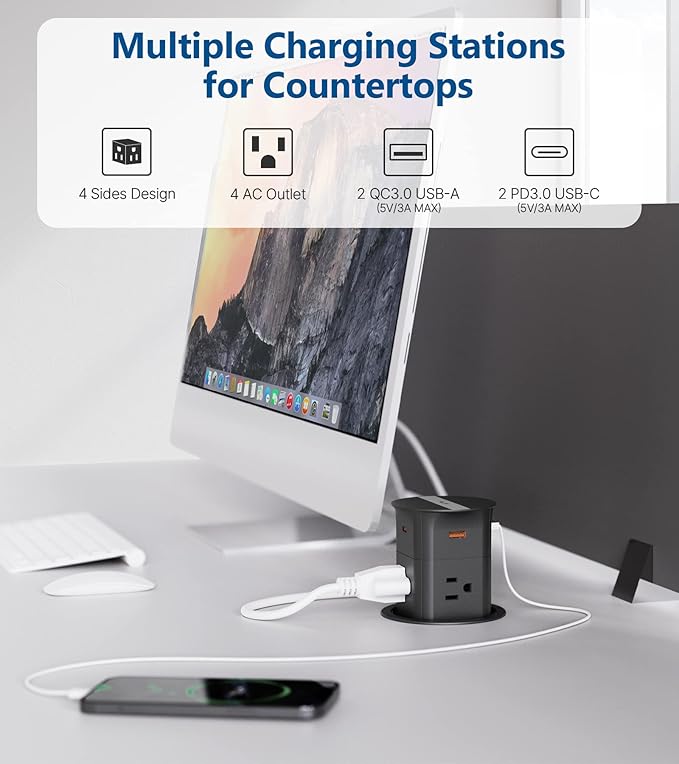 Pop up Outlet for Countertop, PD 20W USB C Fast Charging, 3.15" Desk Gro...