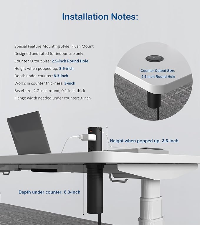Jgstkcity Pop Up Power Outlet for Countertops & Desks, 2.5-Inch Hole Flush