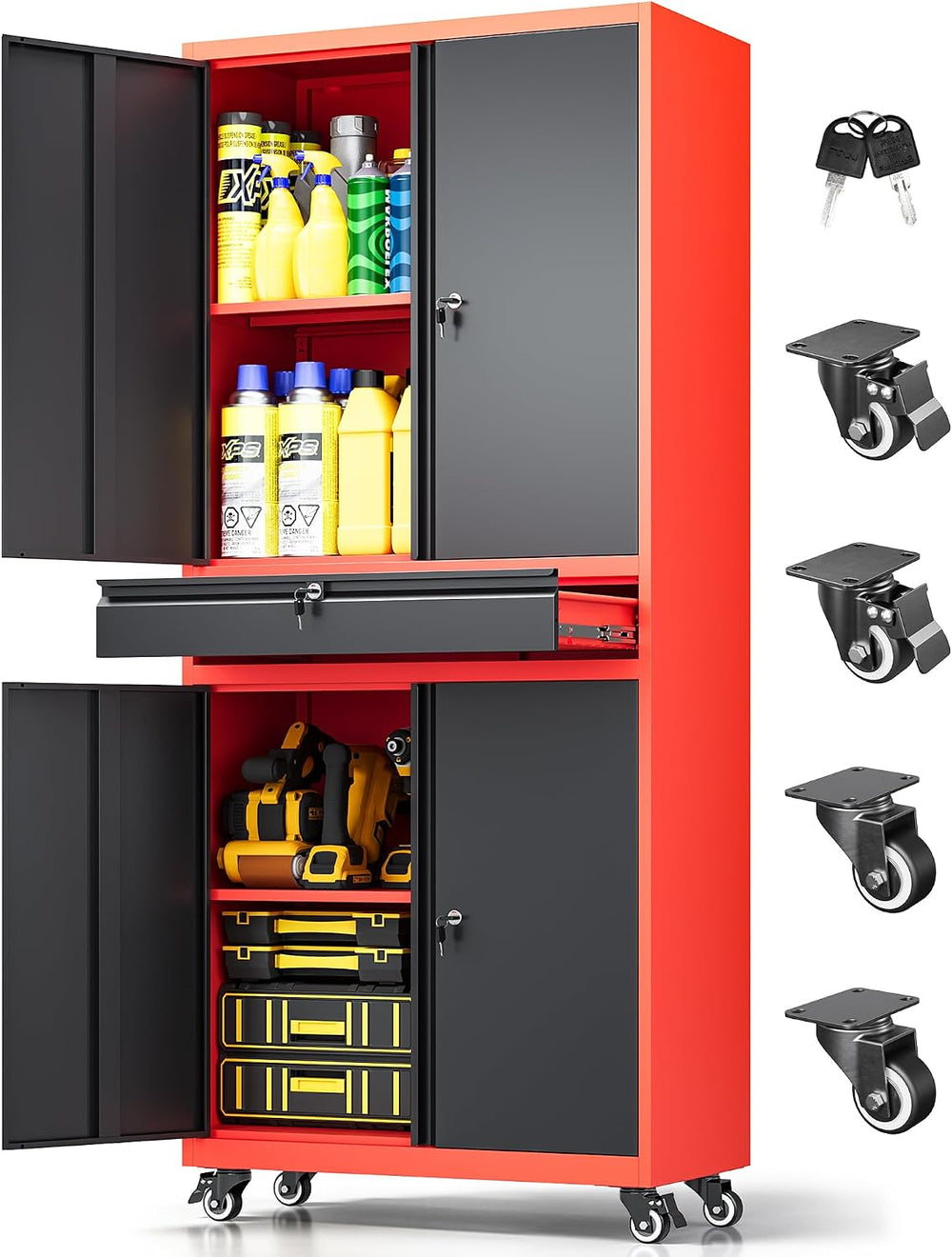 Metal Garage Storage Cabinet with Wheels, Rolling Garage Cabinet with Locking...
