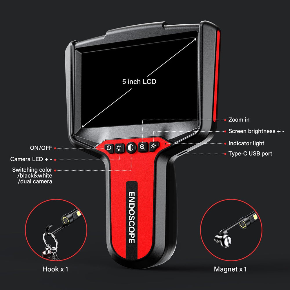 Endoscope Camera with Light: 5" 1080P HD Dual-Lens Inspection Borescope ...