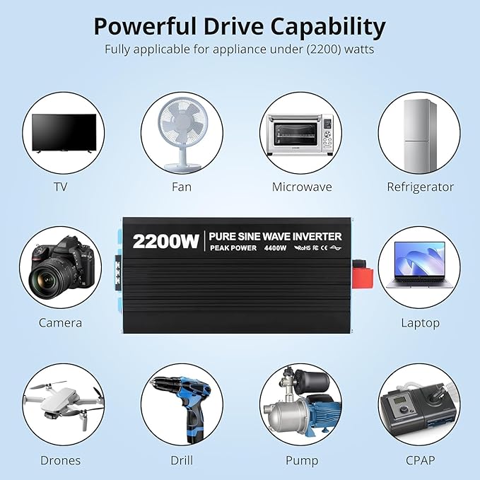 2200W Pure Sine Wave Inverter, 1 USB Port 5v/2.4a, LCD Display&Remote Con...