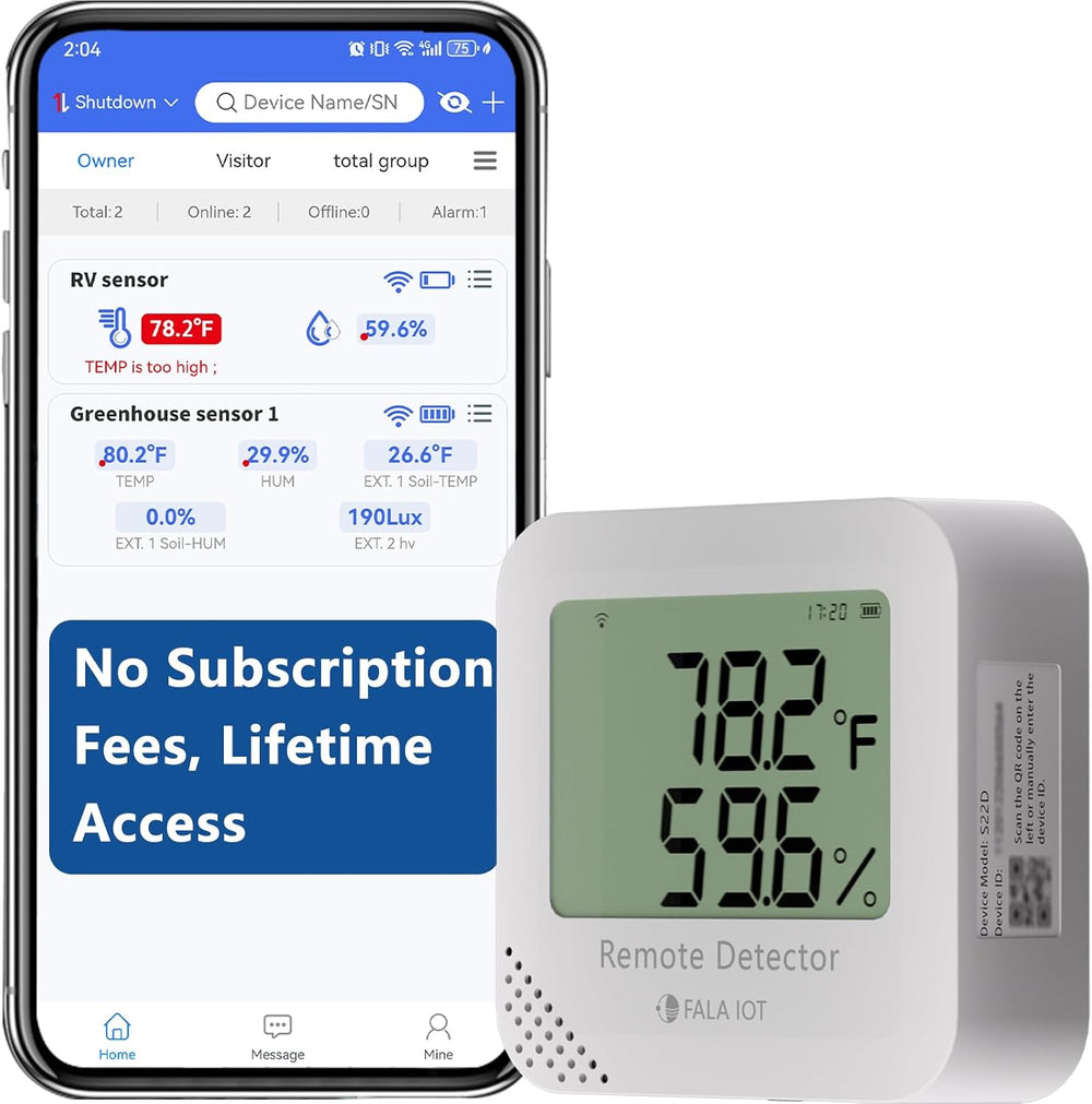 FALA IOT WiFi Temperature & Humidity Monitor, No Subscription 24/7 Remote...