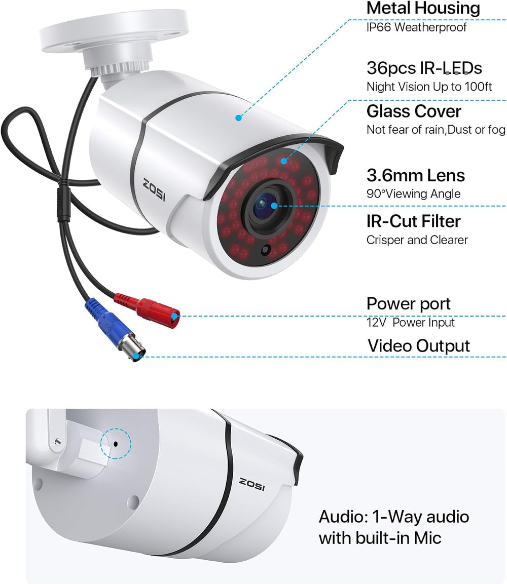 ZOSI 4 Pack 2.0MP 1080P HD-TVI Security Cameras with Audio, 100ft Night Visio...
