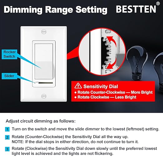 BESTTEN 6 Pack Dimmer Light Switch, LED Dimmer Switch, Single-Pole or 3-Way
